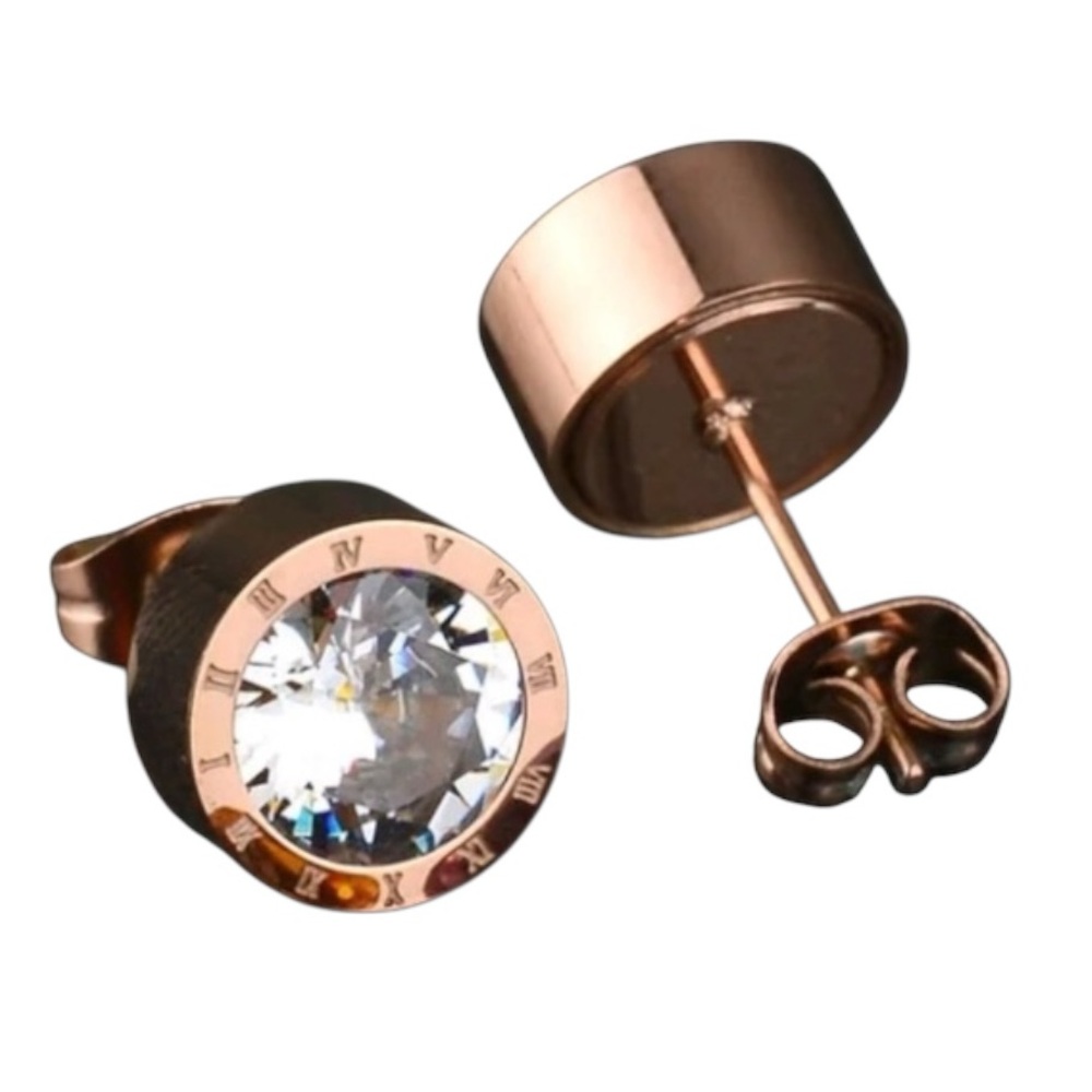 NWT Rose Gold Roman Numeral Stud Clock Earrings Crystal Center Hypoallergenic